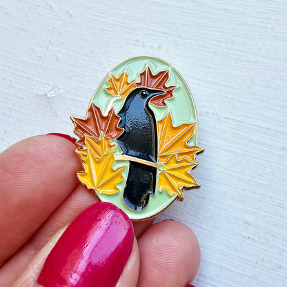 Autumn Crow Needle Minder – Enamel Companion for Stitching Season