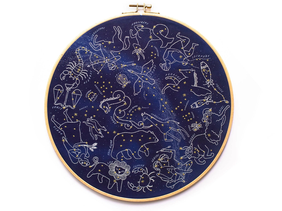 Embroidery hoop with zodiac constellation design on a dark blue background