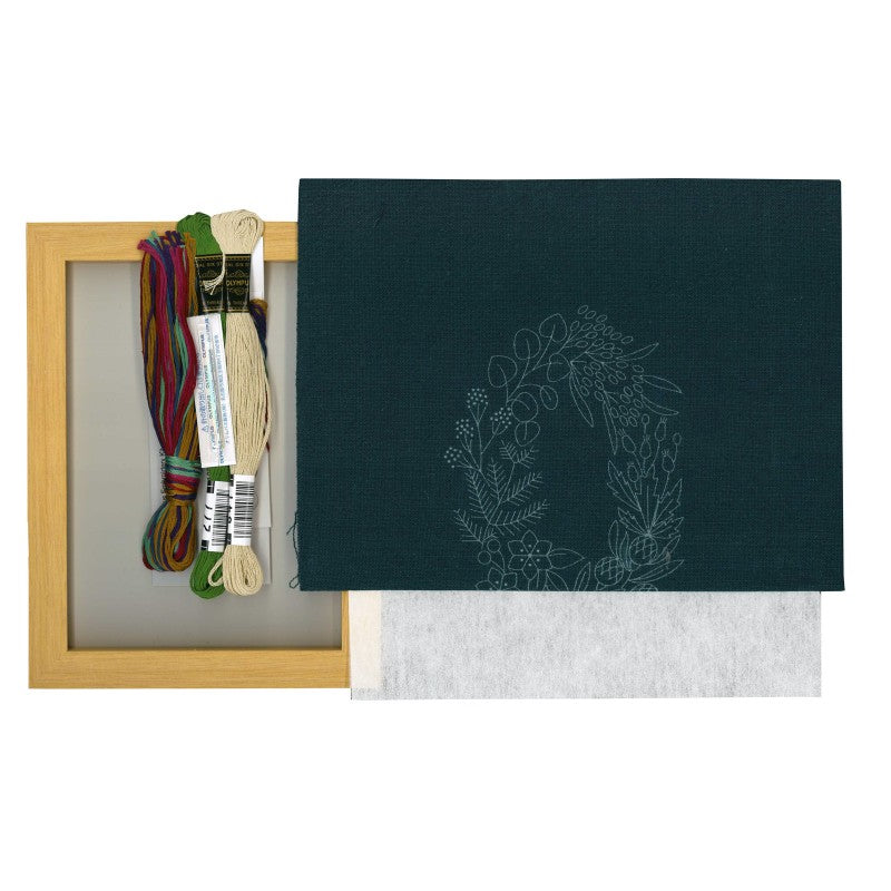 Embroidery kit with materials and a pre-printed design on fabric.