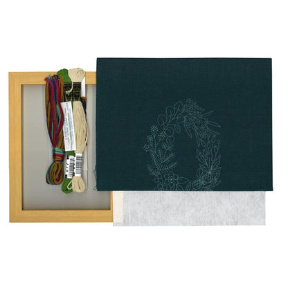 Embroidery kit with materials and a pre-printed design on fabric.