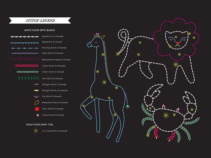 Embroidery design of a giraffe, lion, and crab with stitch legend on a black background
