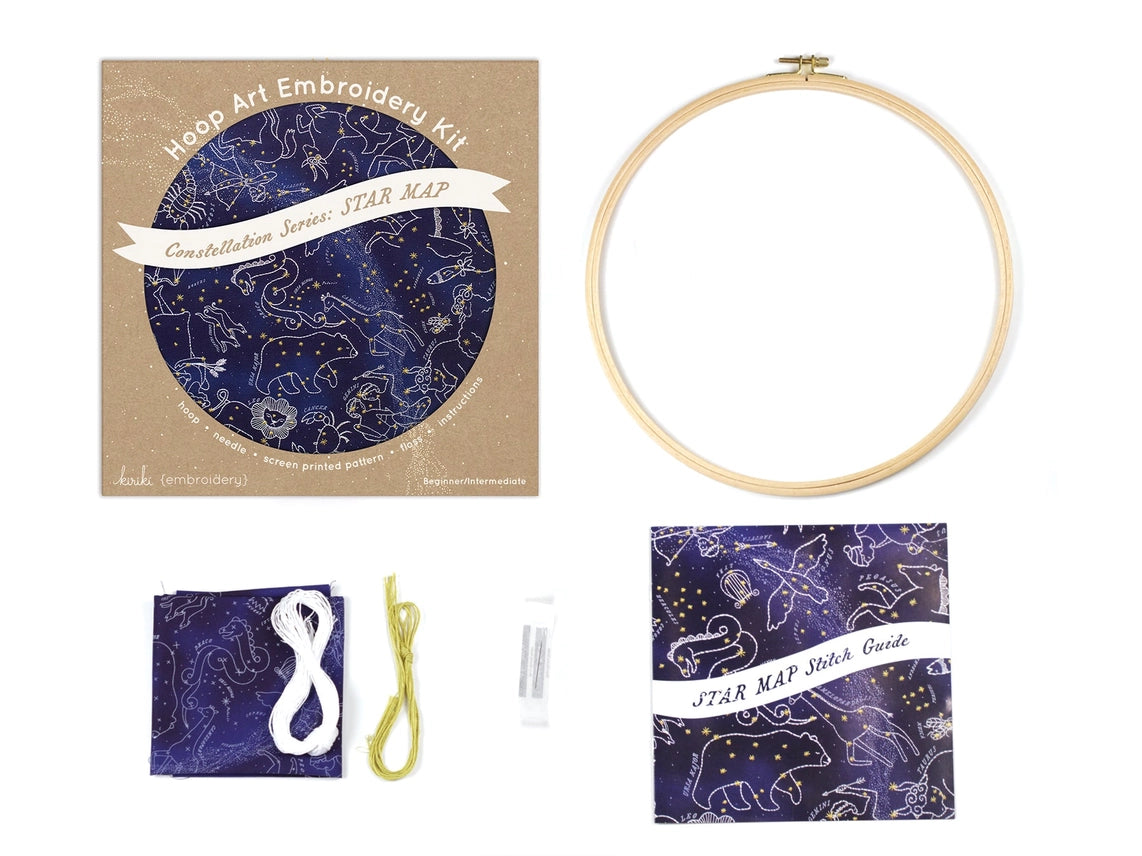 Hoop art embroidery kit with star map design on a white background