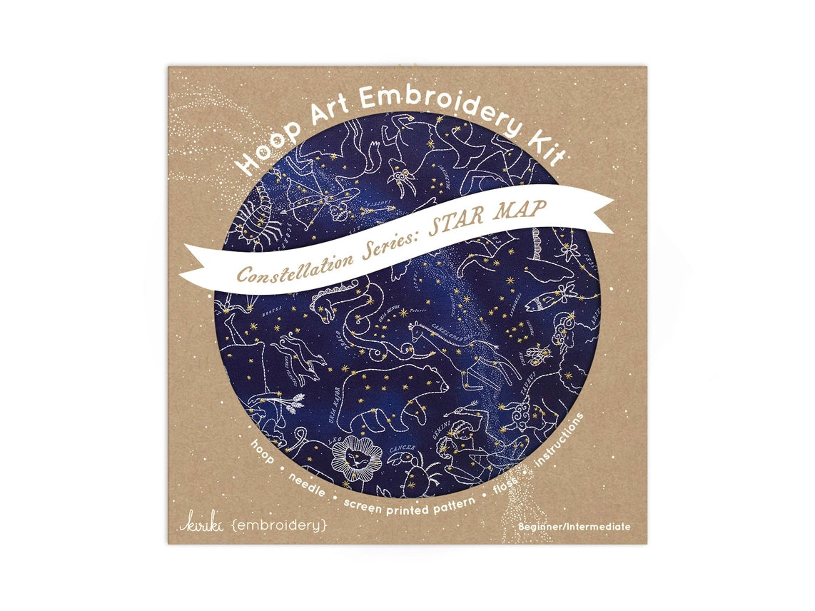 Hoop Art Embroidery Kit with star map design on a brown cardboard box