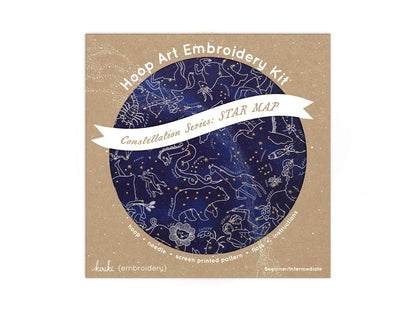 Hoop Art Embroidery Kit with star map design on a brown cardboard box