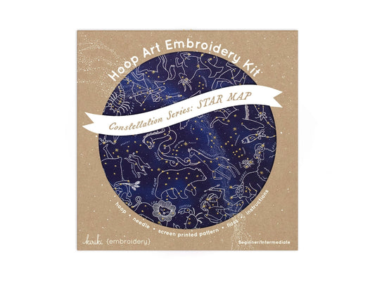 Hoop Art Embroidery Kit with star map design on a brown cardboard box